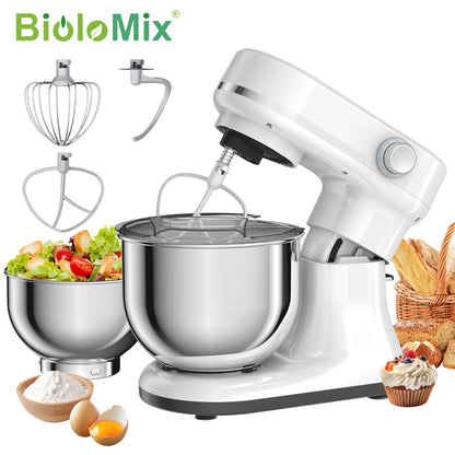 BioloMix 5.5L&4L Double Bowl Electric Food Mixer, 8 Speeds Stand Mixer for Daily Use with Egg Whisk, Dough Hook, Flat Beater