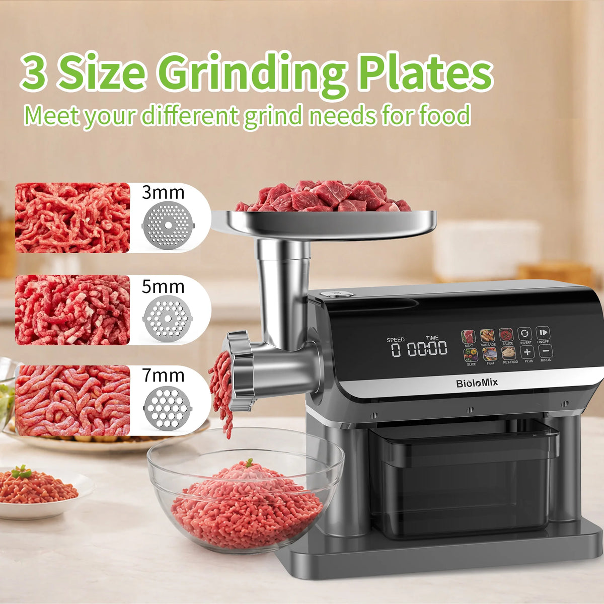 BioloMix 1600W Multifunctional Meat Grinder, 6 Touch Screen Presets, Auto-Reverse, Grinding, Sausage & Kibbe for Home Use