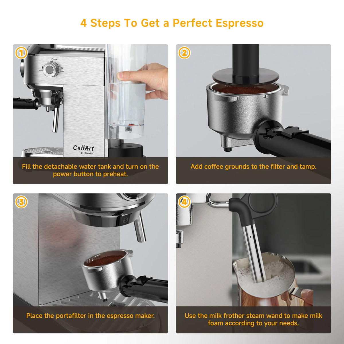 BioloMix Stainless Steel 20 Bar Semi Automatic Powder Coffee Machine,with Milk Steam Frother Wand, for Espresso, Cappuccino
