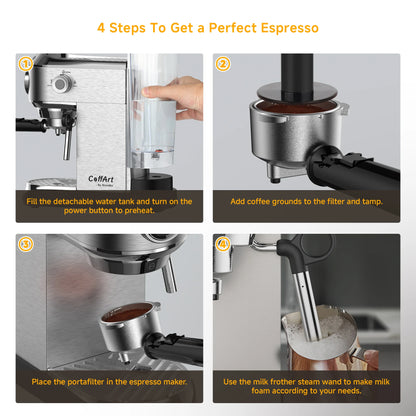 BioloMix Stainless Steel 20 Bar Semi Automatic Powder Coffee Machine,with Milk Steam Frother Wand, for Espresso, Cappuccino