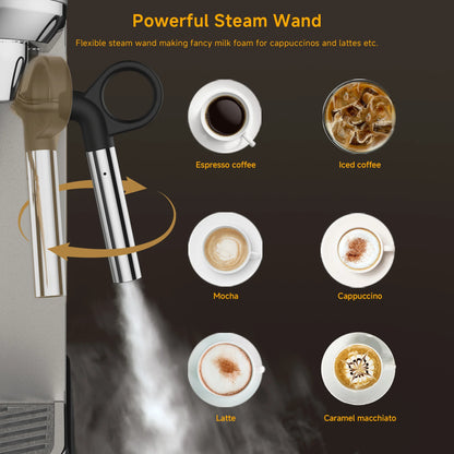 BioloMix Stainless Steel 20 Bar Semi Automatic Powder Coffee Machine,with Milk Steam Frother Wand, for Espresso, Cappuccino