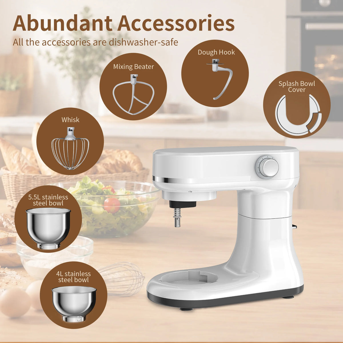 BioloMix 5.5L&4L Double Bowl Electric Food Mixer, 8 Speeds Stand Mixer for Daily Use with Egg Whisk, Dough Hook, Flat Beater