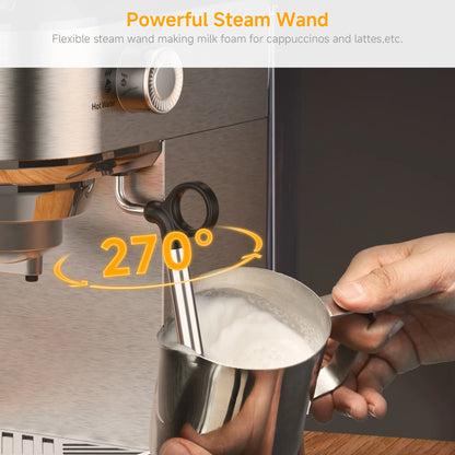 BioloMix Stainless Steel 20 Bar Semi Automatic Powder Coffee Machine,with Milk Steam Frother Wand, for Espresso, Cappuccino