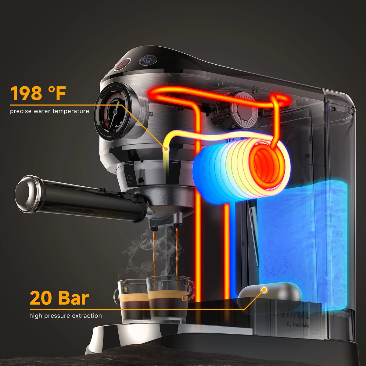 BioloMix Stainless Steel 20 Bar Semi Automatic Powder Coffee Machine,with Milk Steam Frother Wand, for Espresso, Cappuccino