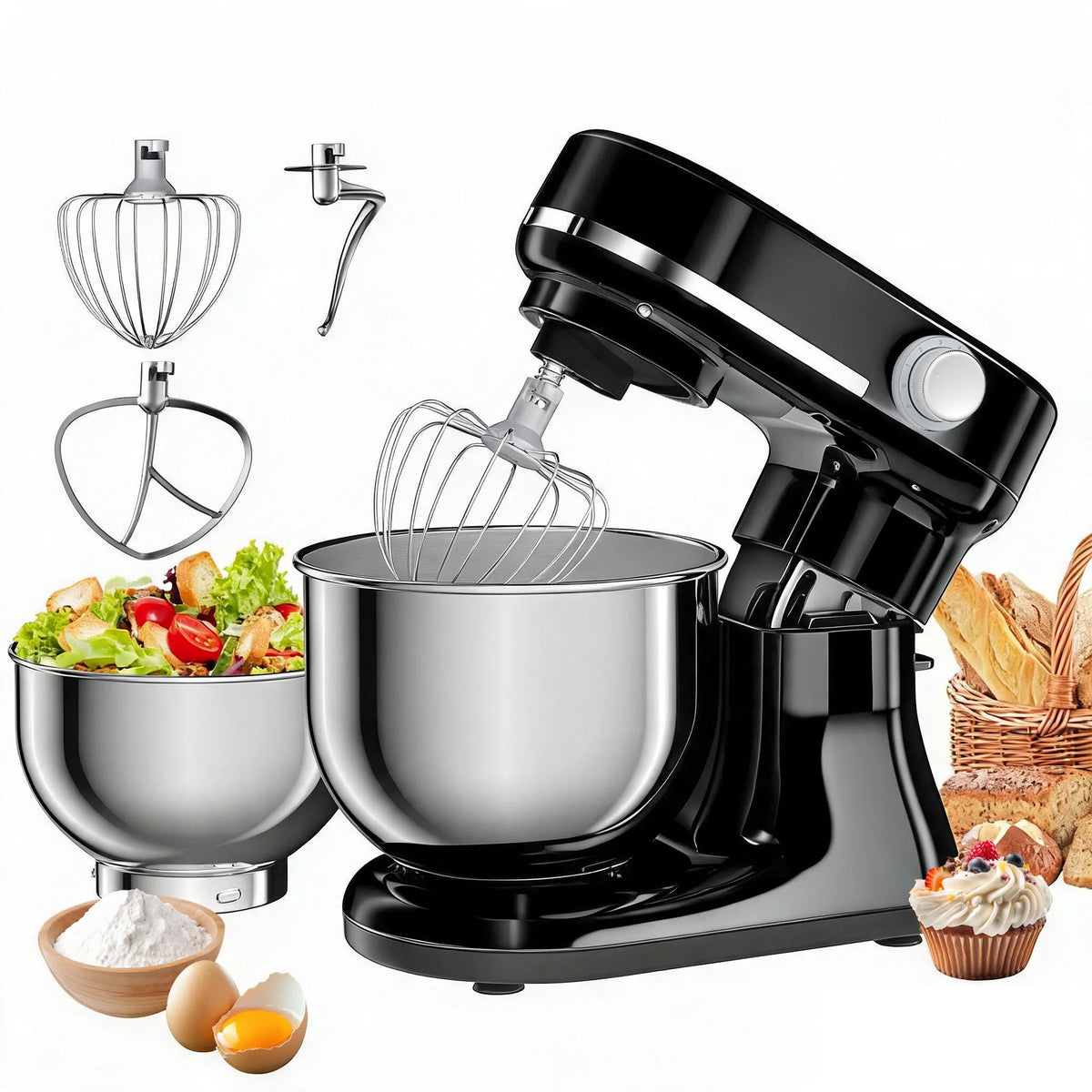 BioloMix 5.5L&4L Double Bowl Electric Food Mixer, 8 Speeds Stand Mixer for Daily Use with Egg Whisk, Dough Hook, Flat Beater