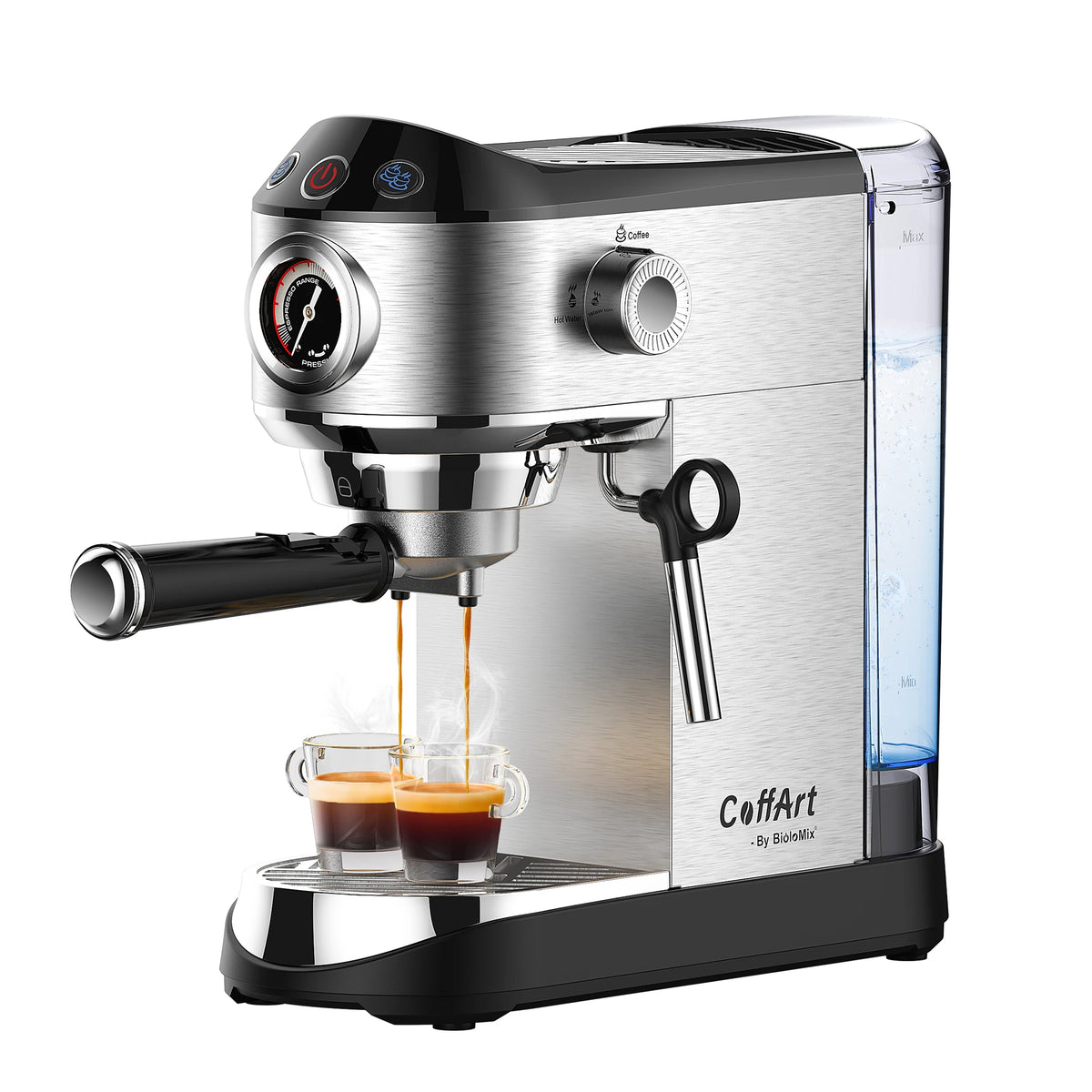 BioloMix Stainless Steel 20 Bar Semi Automatic Powder Coffee Machine,with Milk Steam Frother Wand, for Espresso, Cappuccino