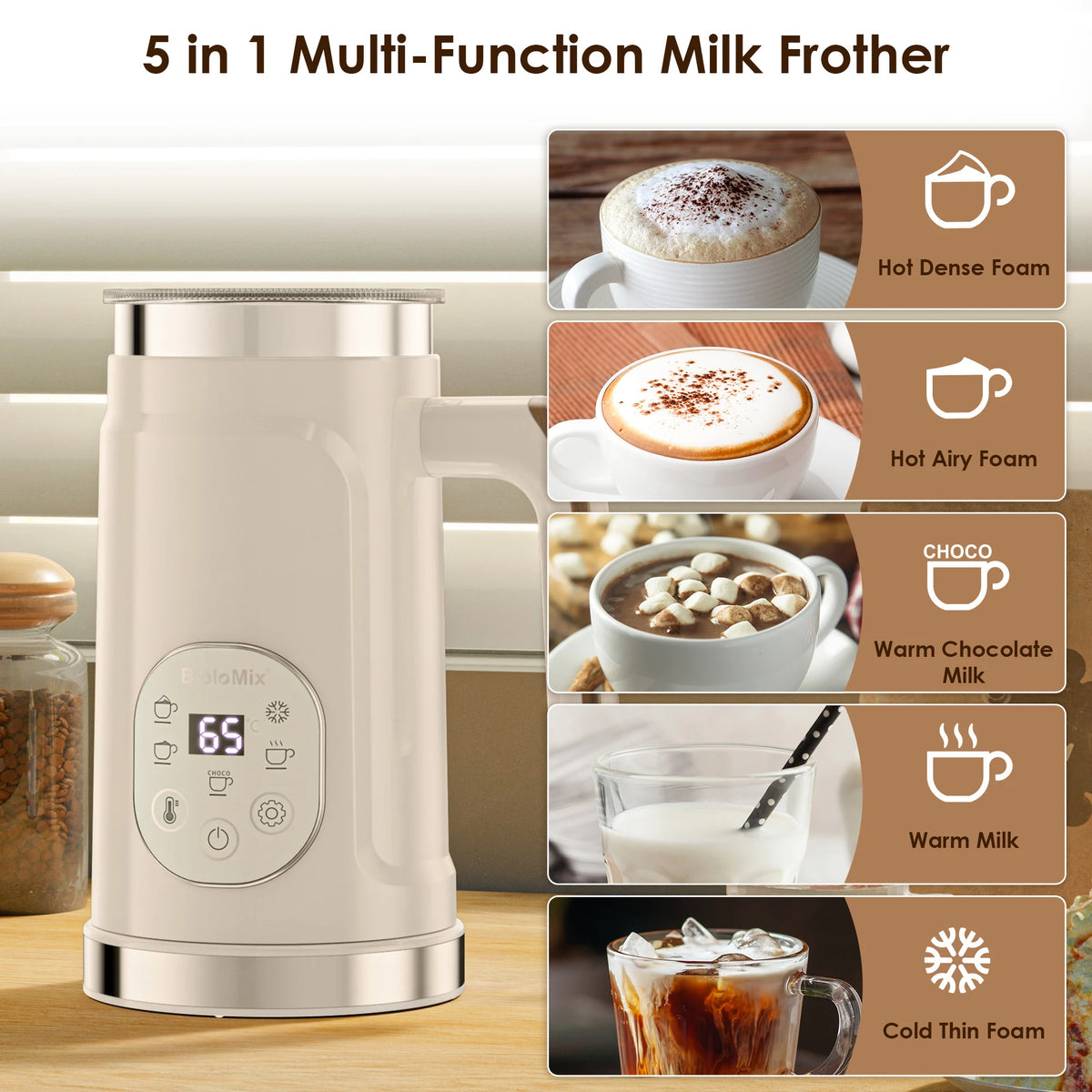 BioloMix Upgraded 5-in-1 LED Touch Screen Milk Frother for Lattes & Coffee, Hot And Cold Foam Maker