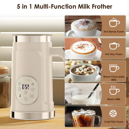 BioloMix Upgraded 5-in-1 LED Touch Screen Milk Frother for Lattes & Coffee, Hot And Cold Foam Maker