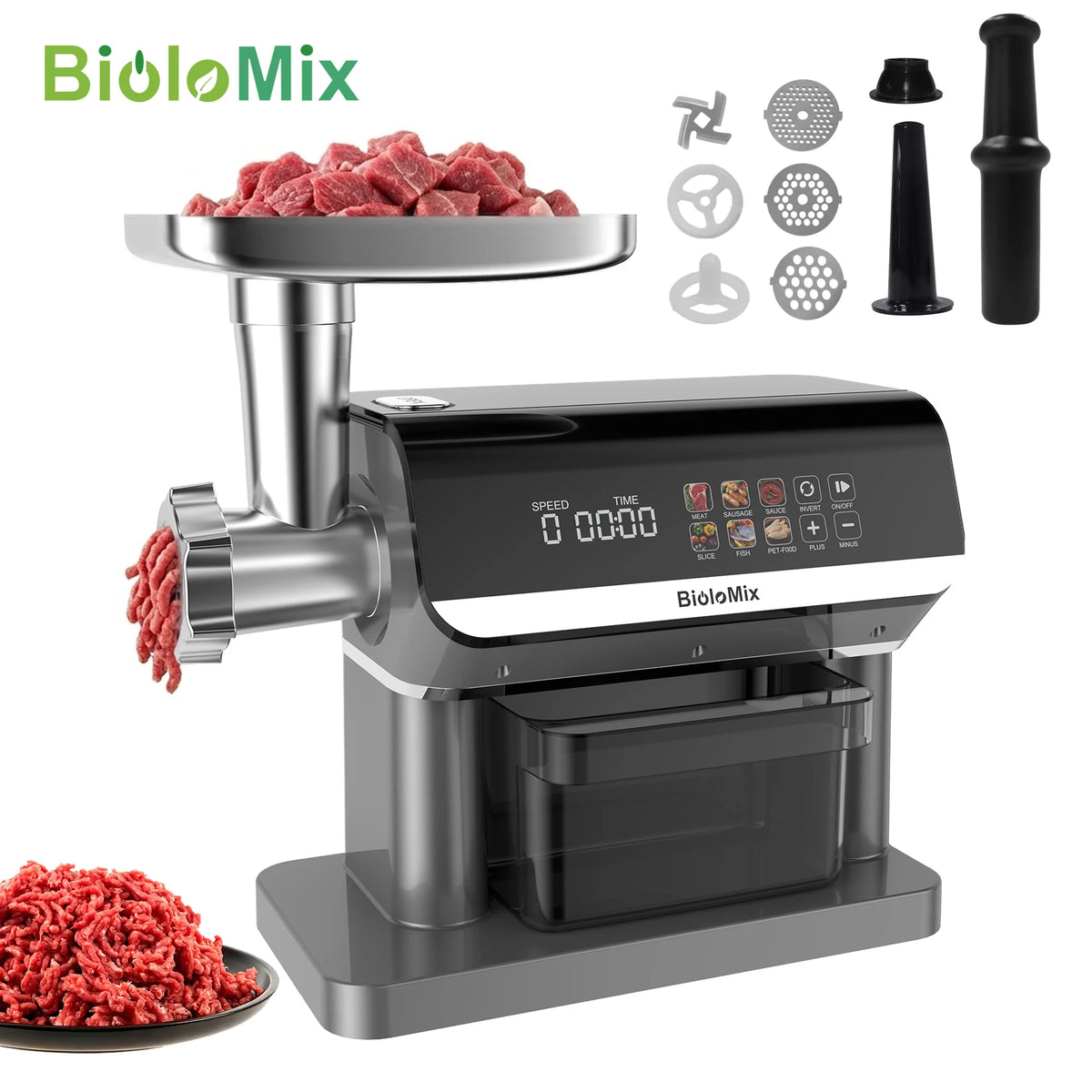 BioloMix 1600W Multifunctional Meat Grinder, 6 Touch Screen Presets, Auto-Reverse, Grinding, Sausage & Kibbe for Home Use