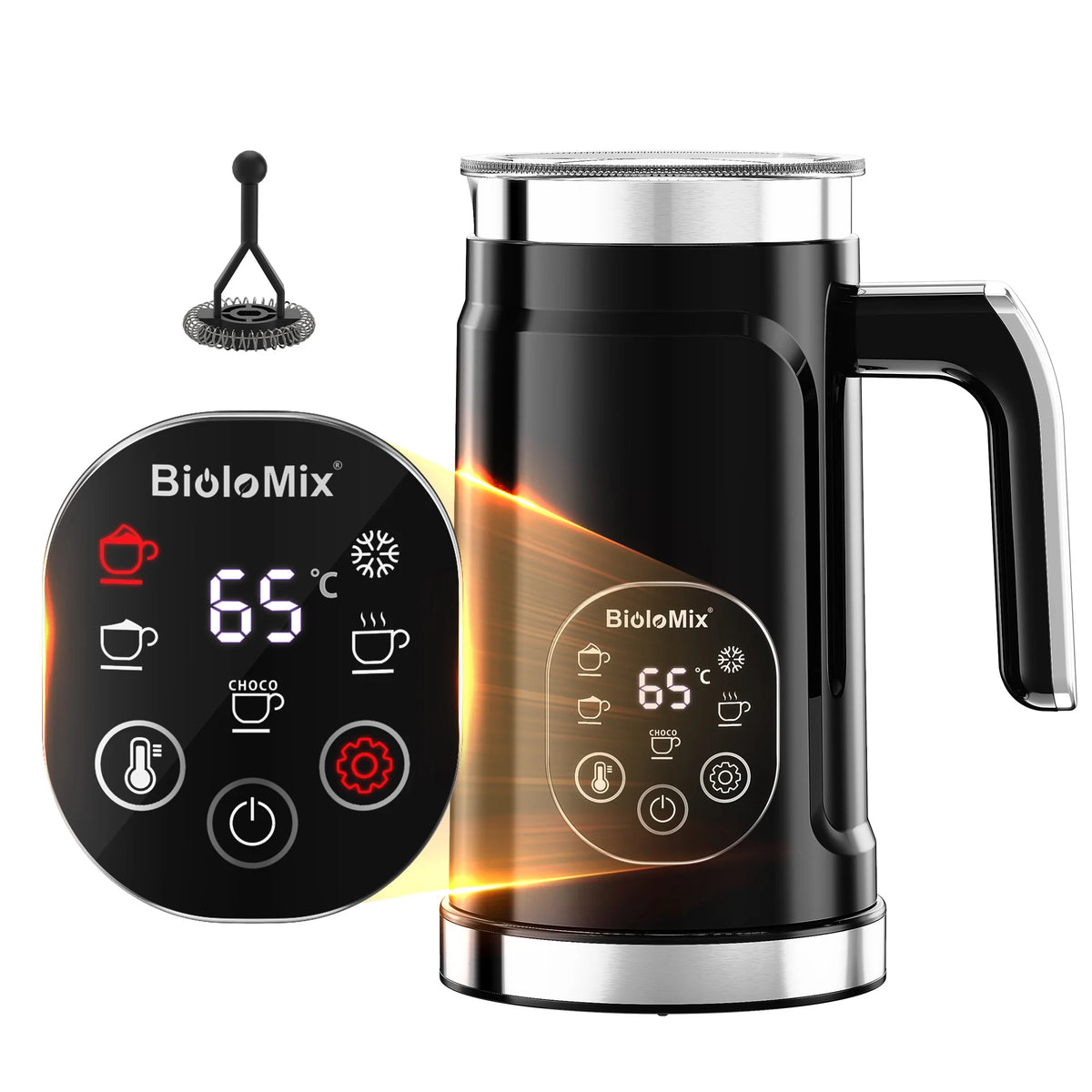 BioloMix Upgraded 5-in-1 LED Touch Screen Milk Frother for Lattes & Coffee, Hot And Cold Foam Maker