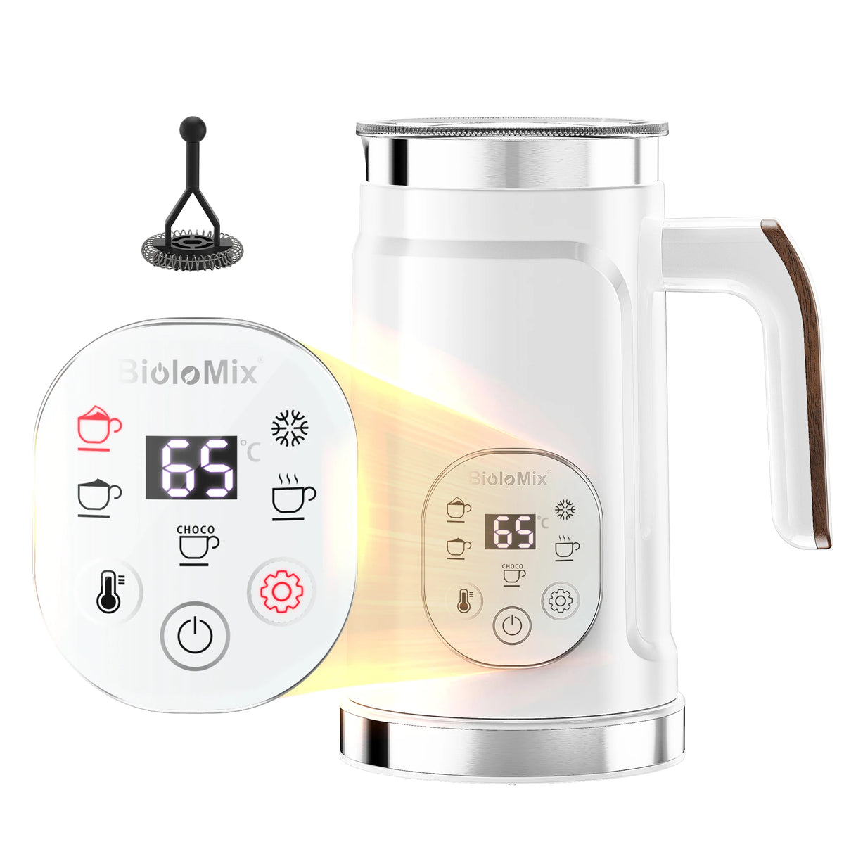BioloMix Upgraded 5-in-1 LED Touch Screen Milk Frother for Lattes & Coffee, Hot And Cold Foam Maker