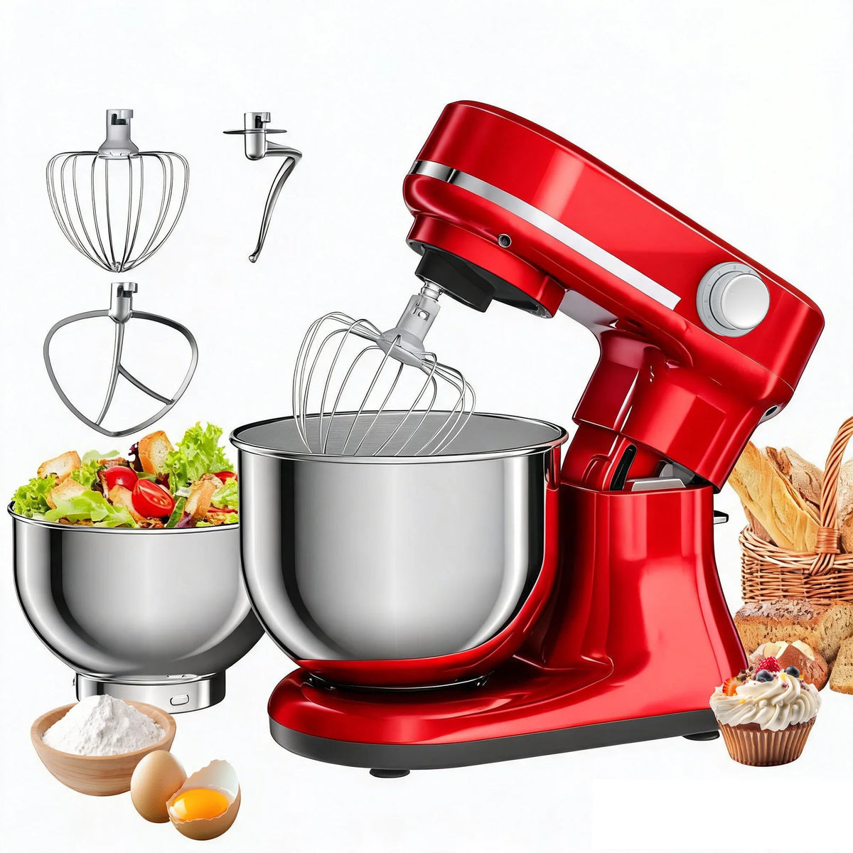 BioloMix 5.5L&4L Double Bowl Electric Food Mixer, 8 Speeds Stand Mixer for Daily Use with Egg Whisk, Dough Hook, Flat Beater