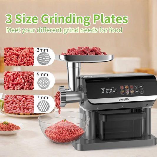 BioloMix 1600W Multifunctional Meat Grinder, 6 Touch Screen Presets, Auto-Reverse, Grinding, Sausage & Kibbe for Home Use - BioloMix Official Store